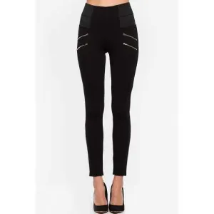 Stylish High Waist Stretchy Double Zippered Narrow Women's Pant - Black S