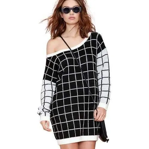 Stylish Scoop Collar Long Sleeve Checked Color Block Women's Sweater Dress - Checked S