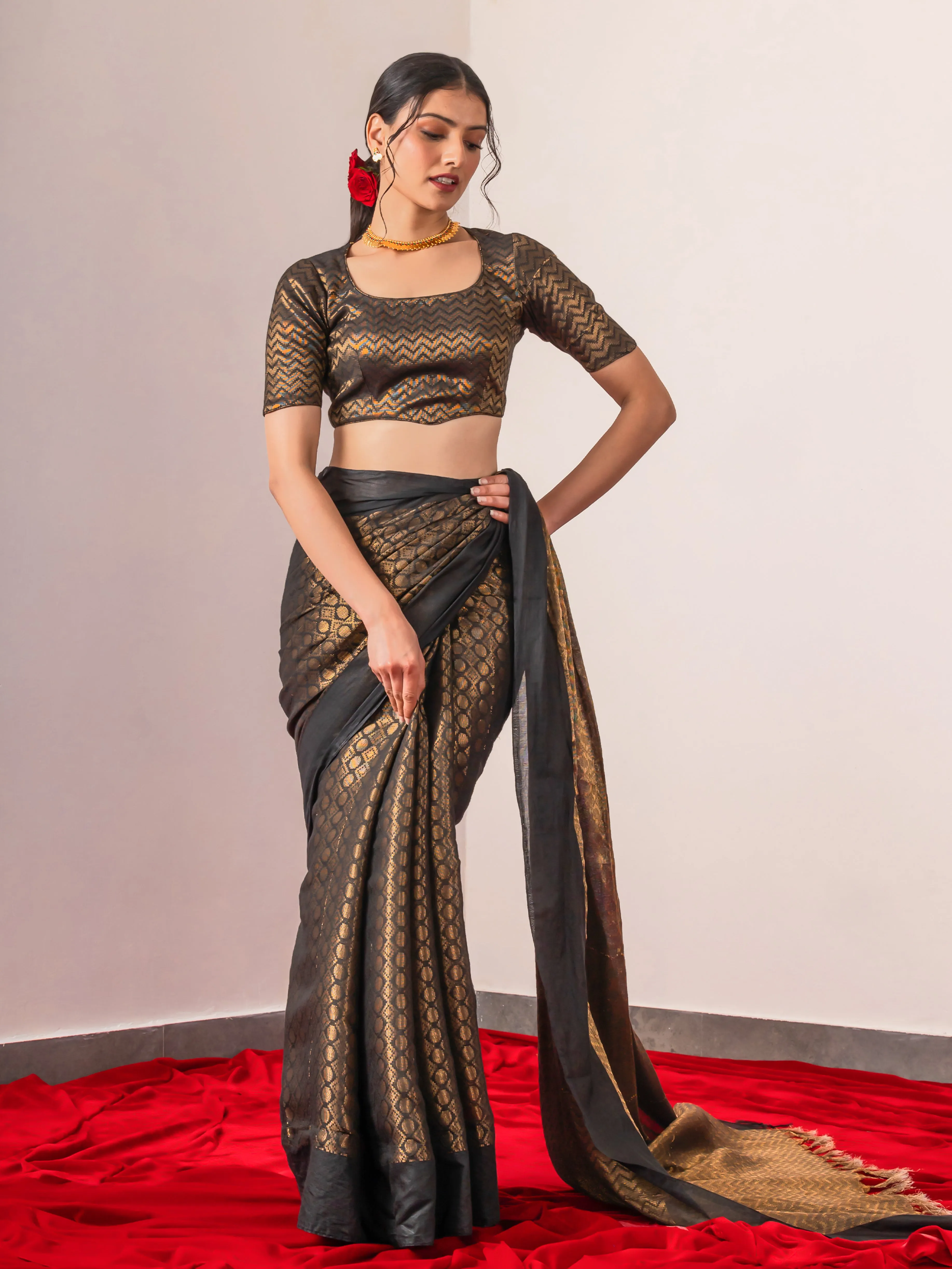 Tamas Black Gold Bhagalpur Silk Blend Saree with Blouse Fabric