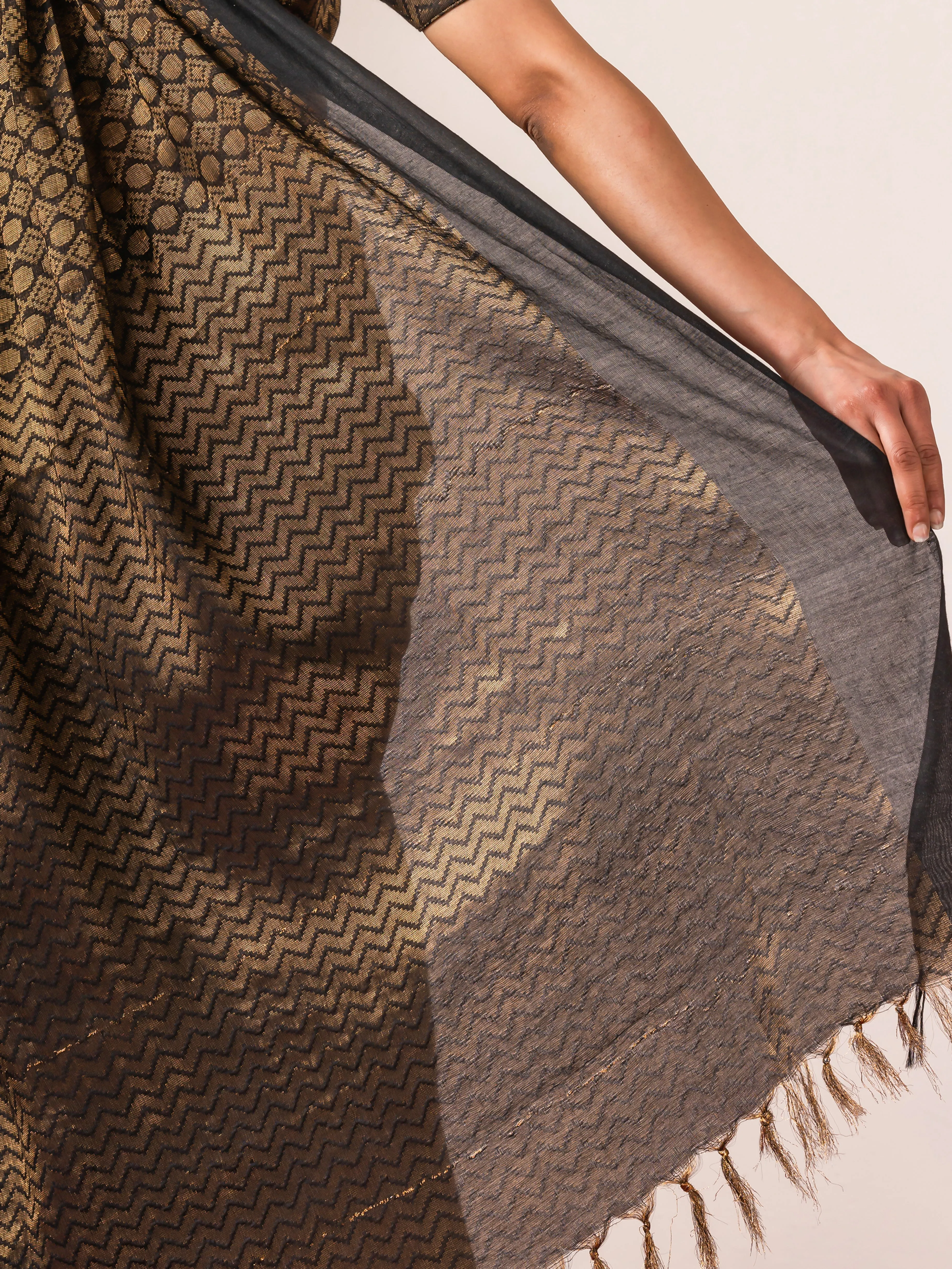 Tamas Black Gold Bhagalpur Silk Blend Saree with Blouse Fabric