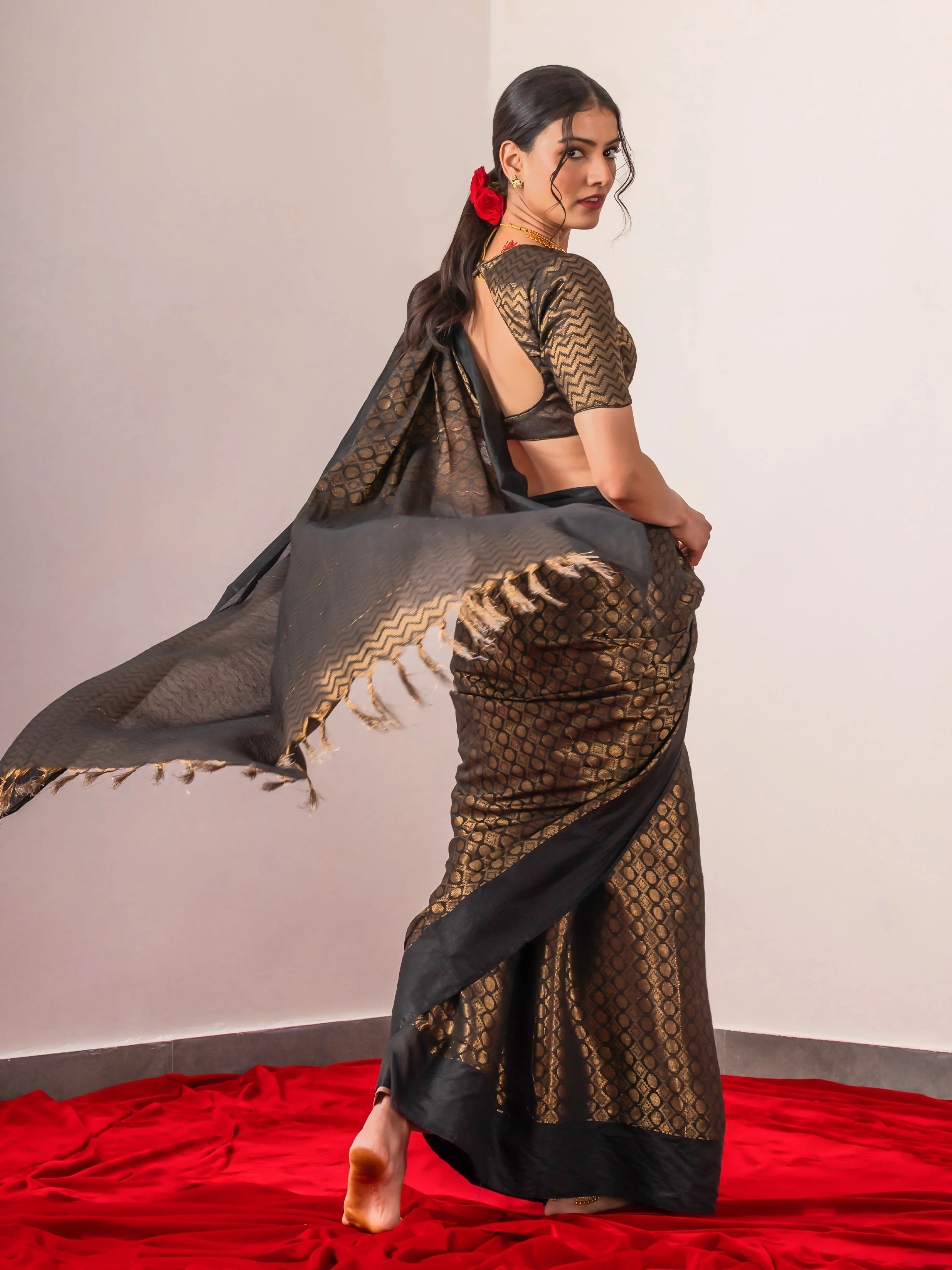 Tamas Black Gold Bhagalpur Silk Blend Saree with Blouse Fabric