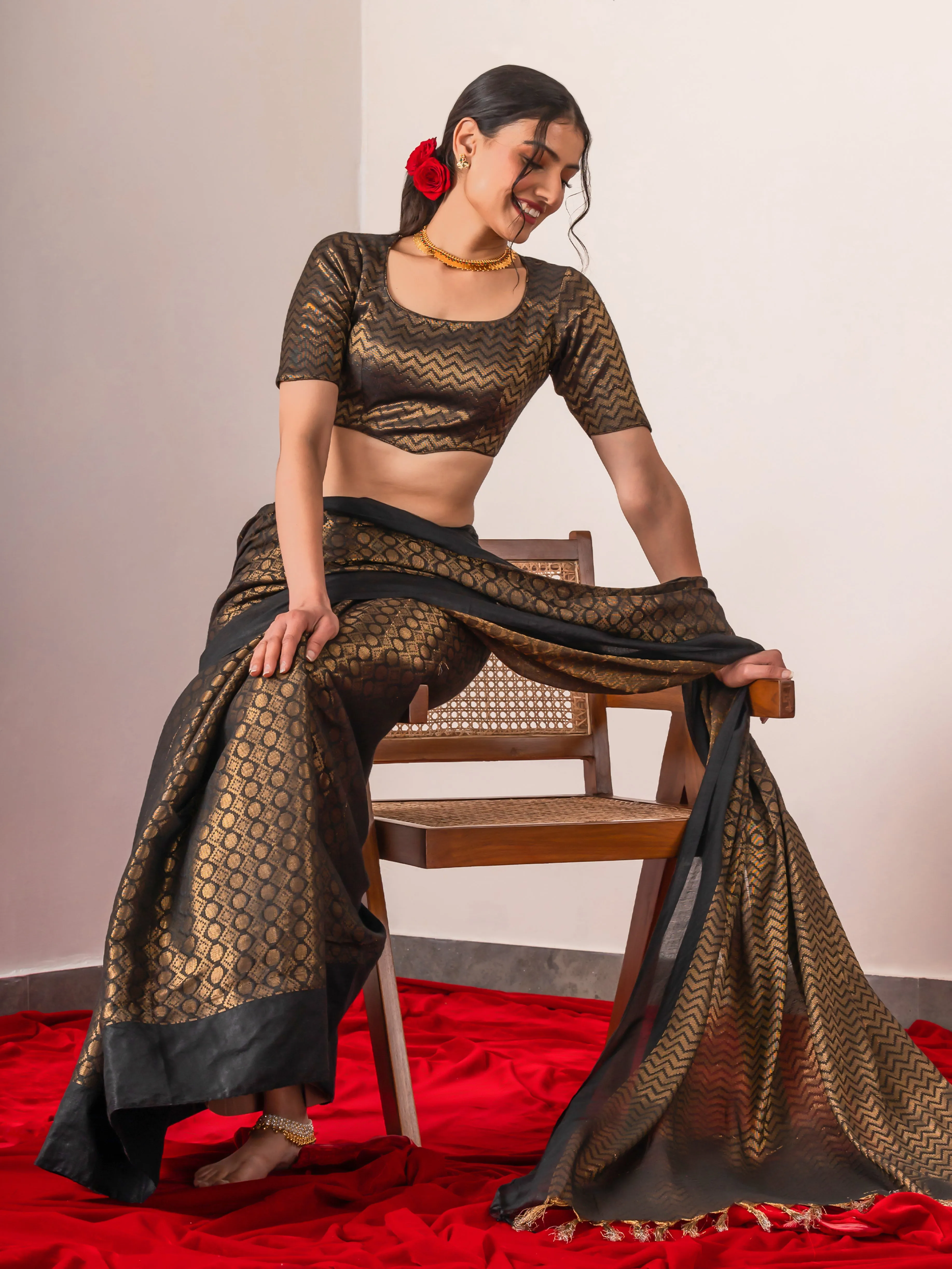 Tamas Black Gold Bhagalpur Silk Blend Saree with Blouse Fabric
