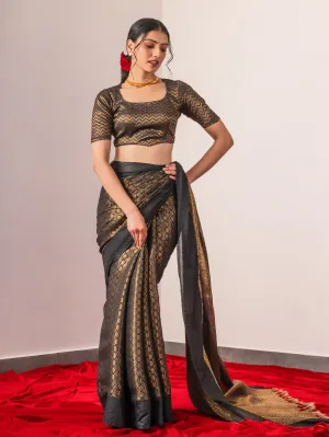 Tamas Black Gold Bhagalpur Silk Blend Saree with Blouse Fabric