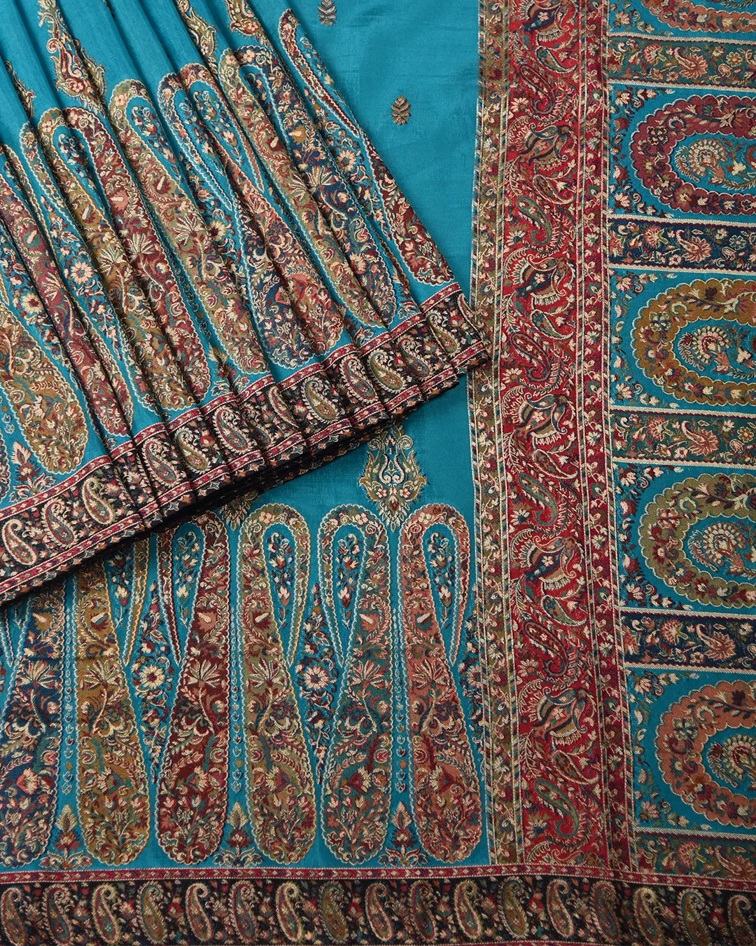 Turquoise Silk Viscose Jamdani Woven Saree With Silk Woven Blouse