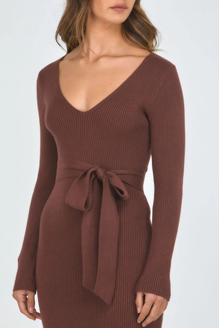 V-Neck Fitted Knit Dress - Chocolate