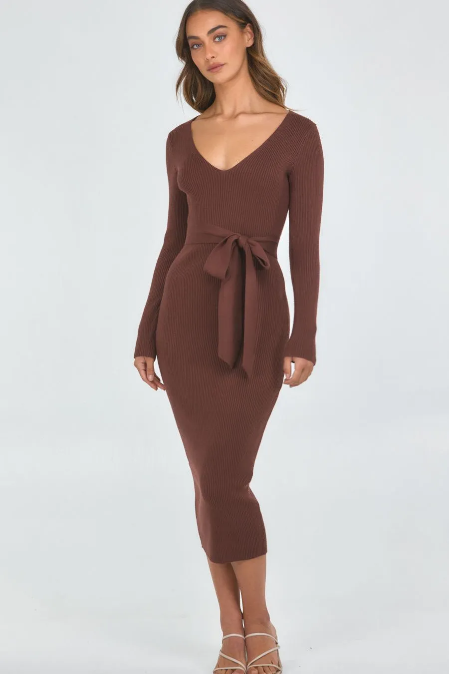 V-Neck Fitted Knit Dress - Chocolate