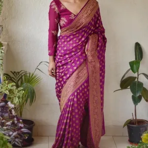 Violet Purple Jaal Banarasi Heavy Party Wear Saree