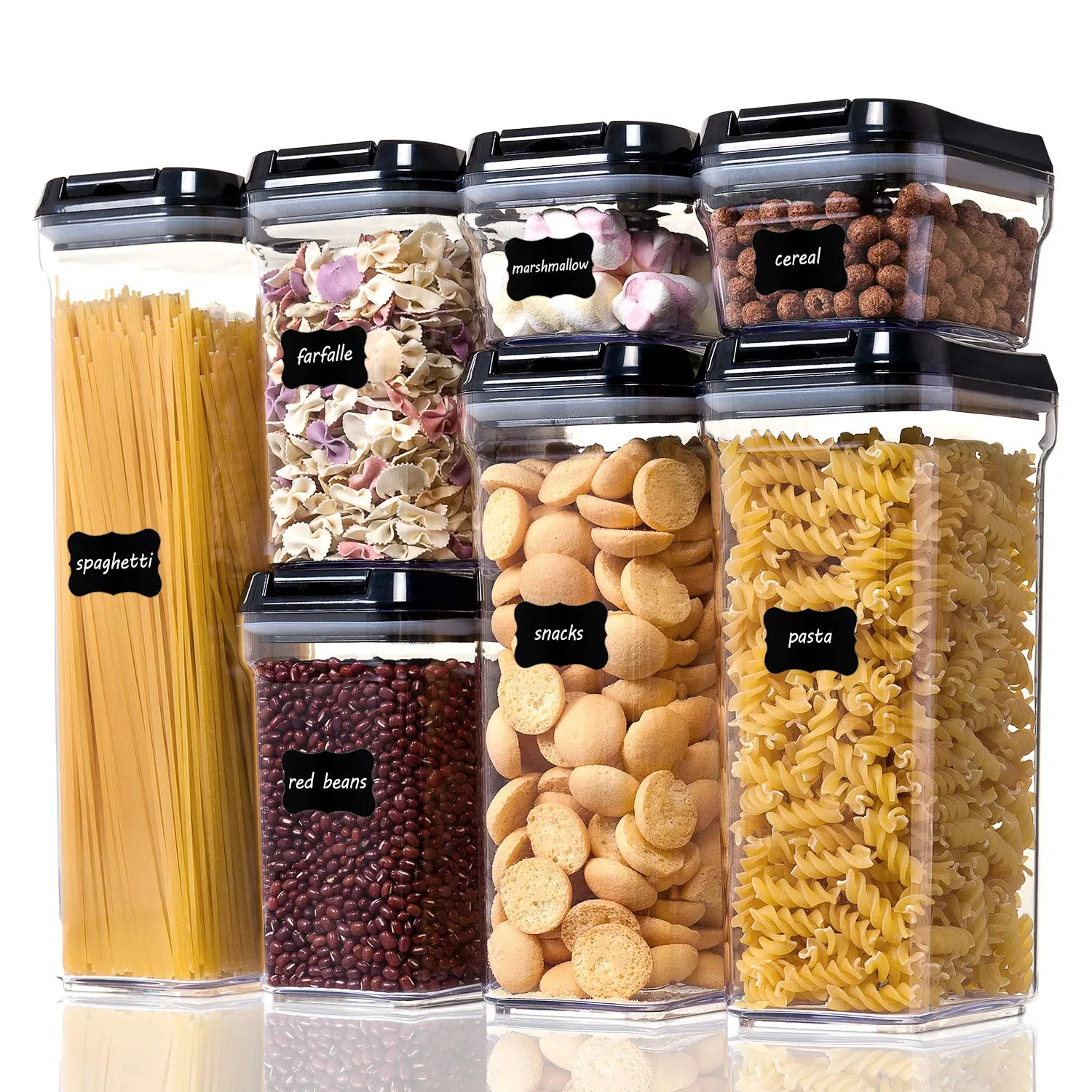 Vtopmart Airtight Food Storage Containers - 7 Pieces BPA Free Upgraded Plastic Canisters with Improved Durable Lids - for Kitchen Pantry Organization and Storage - Include 24 Labels