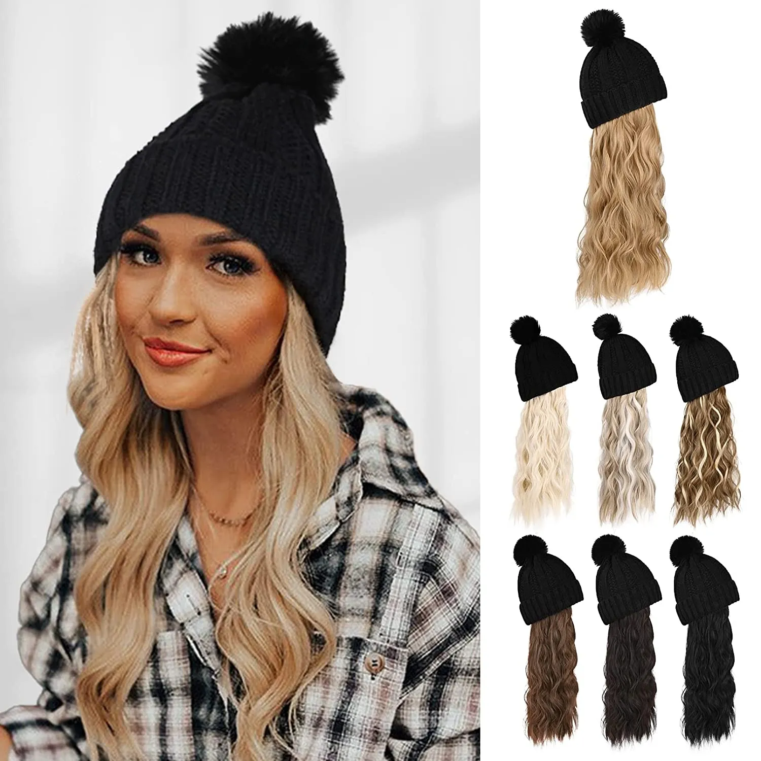 Wigyy  Ins Hot Hat Hair Extension Long Wavy Curly Black Hat Wig