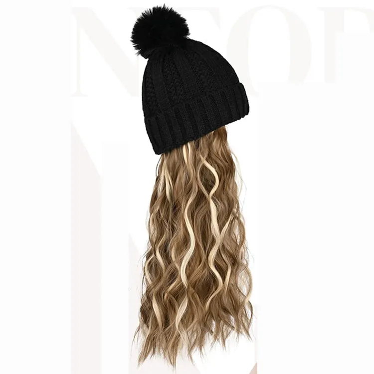 Wigyy  Ins Hot Hat Hair Extension Long Wavy Curly Black Hat Wig