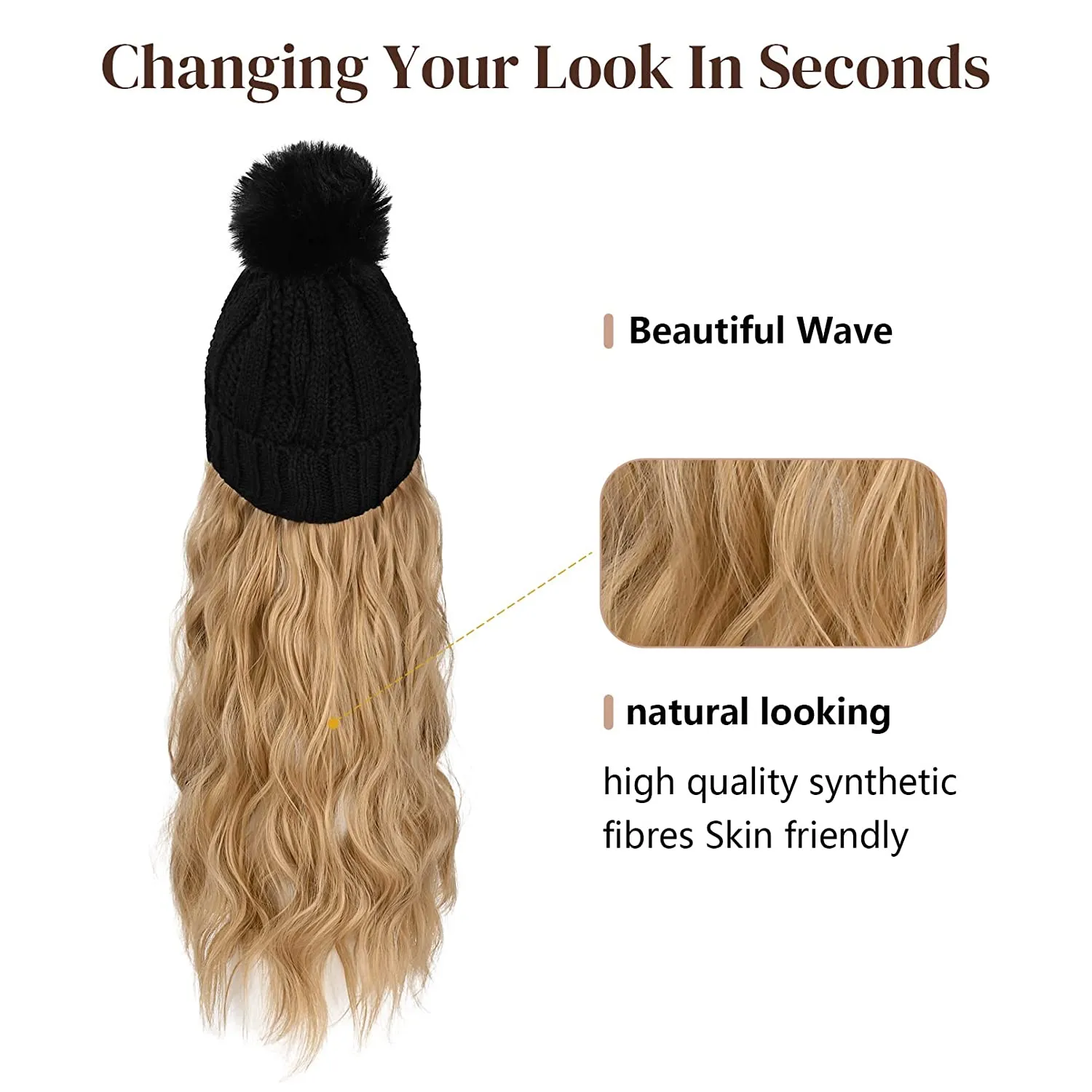 Wigyy  Ins Hot Hat Hair Extension Long Wavy Curly Black Hat Wig