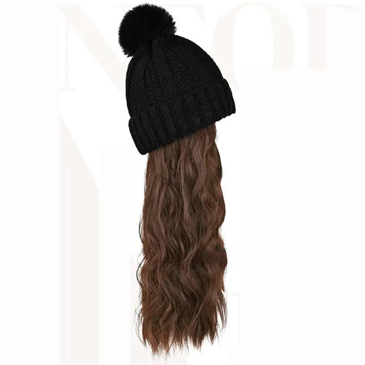 Wigyy  Ins Hot Hat Hair Extension Long Wavy Curly Black Hat Wig