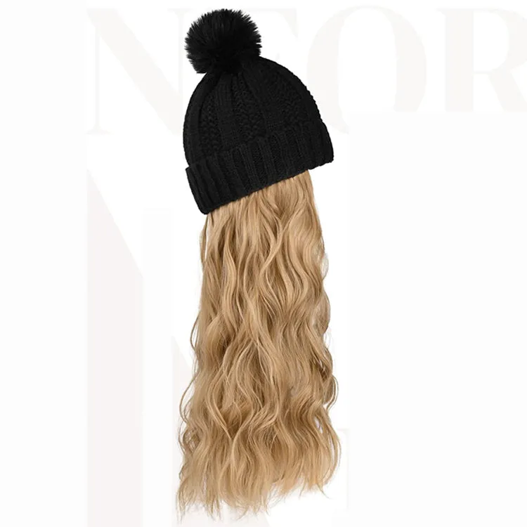Wigyy  Ins Hot Hat Hair Extension Long Wavy Curly Black Hat Wig