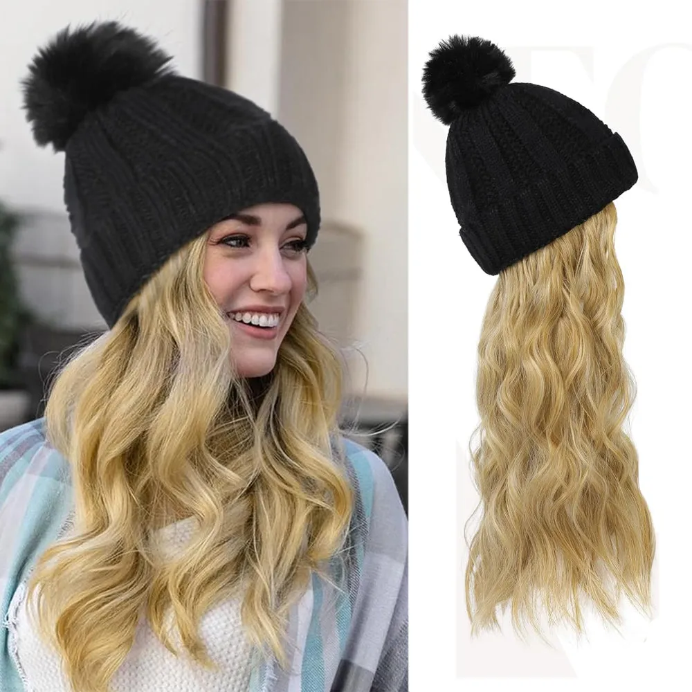 Wigyy  Ins Hot Hat Hair Extension Long Wavy Curly Black Hat Wig