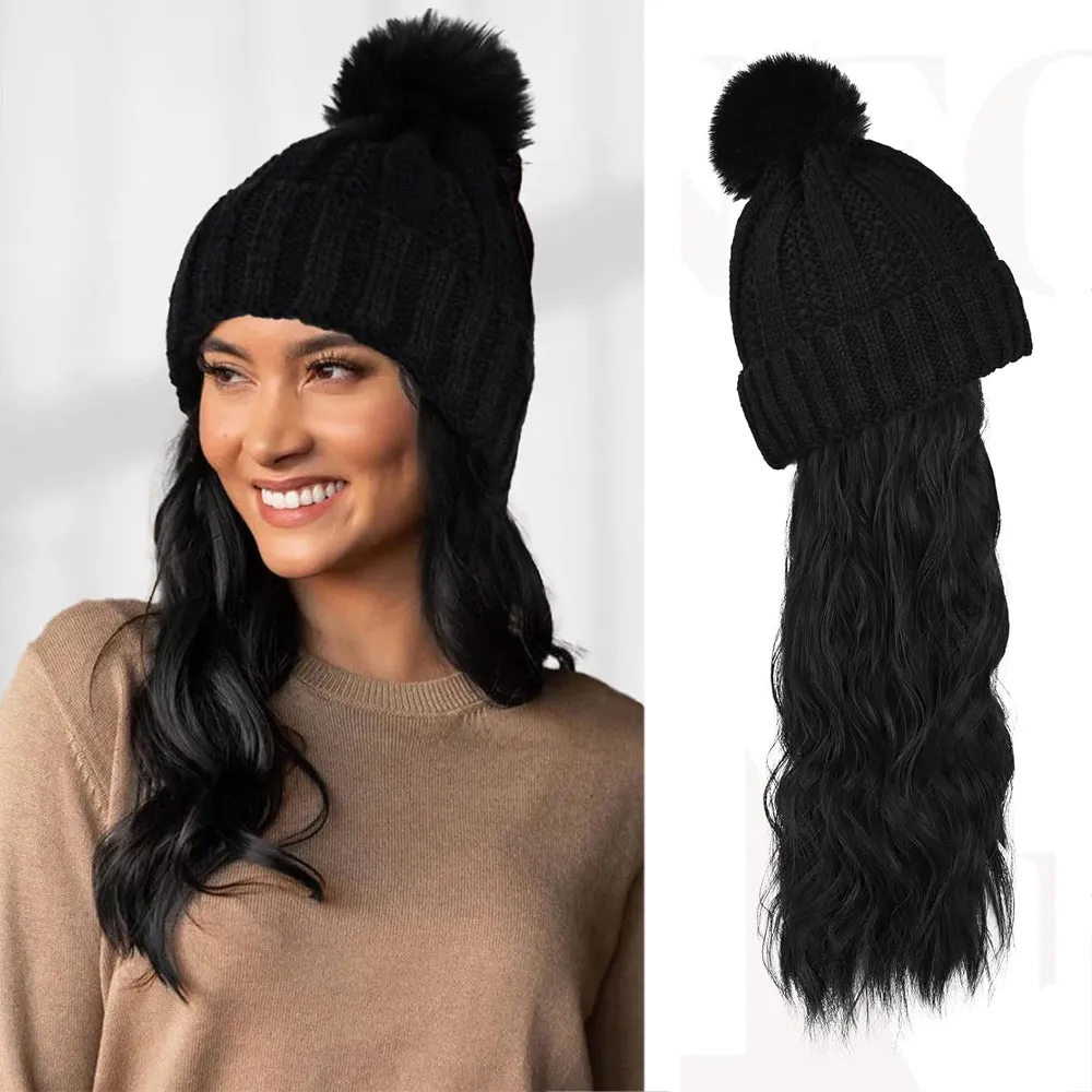 Wigyy  Ins Hot Hat Hair Extension Long Wavy Curly Black Hat Wig