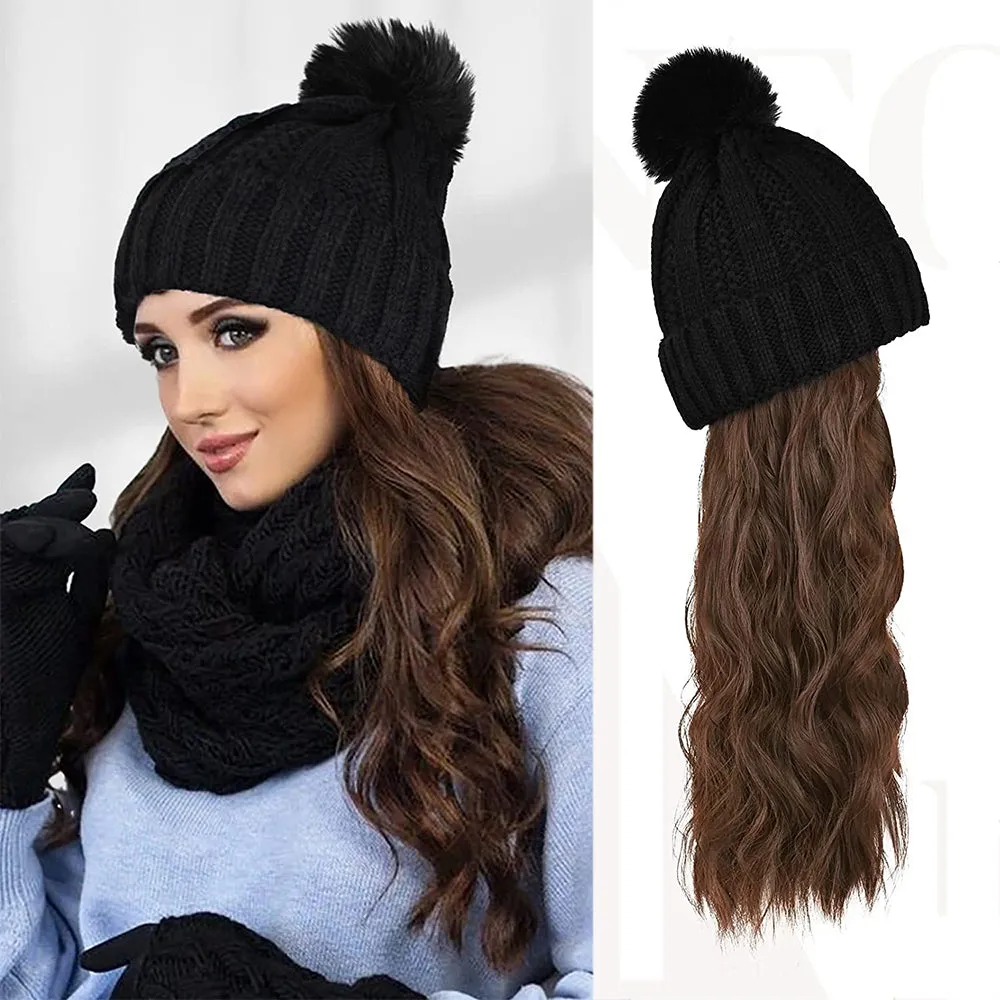 Wigyy  Ins Hot Hat Hair Extension Long Wavy Curly Black Hat Wig