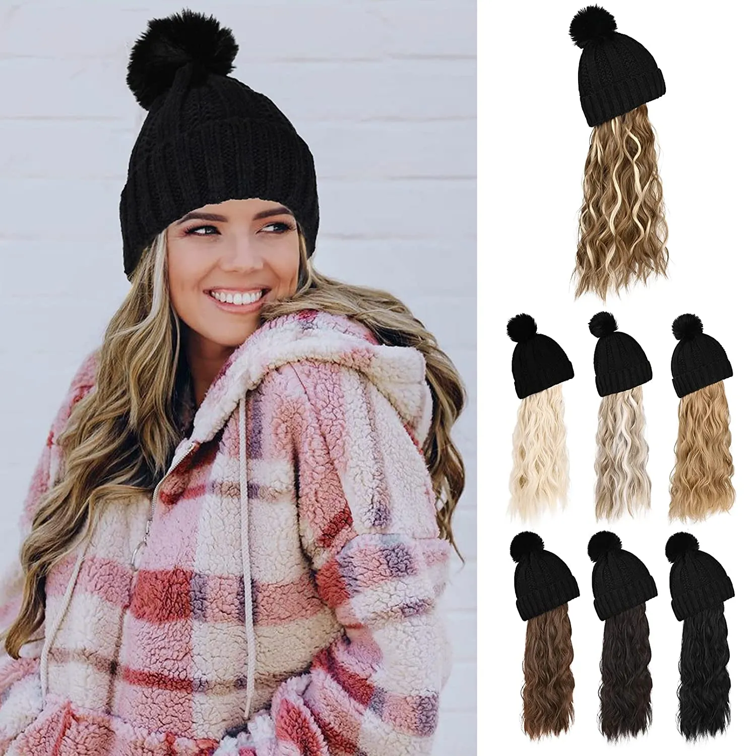 Wigyy  Ins Hot Hat Hair Extension Long Wavy Curly Black Hat Wig