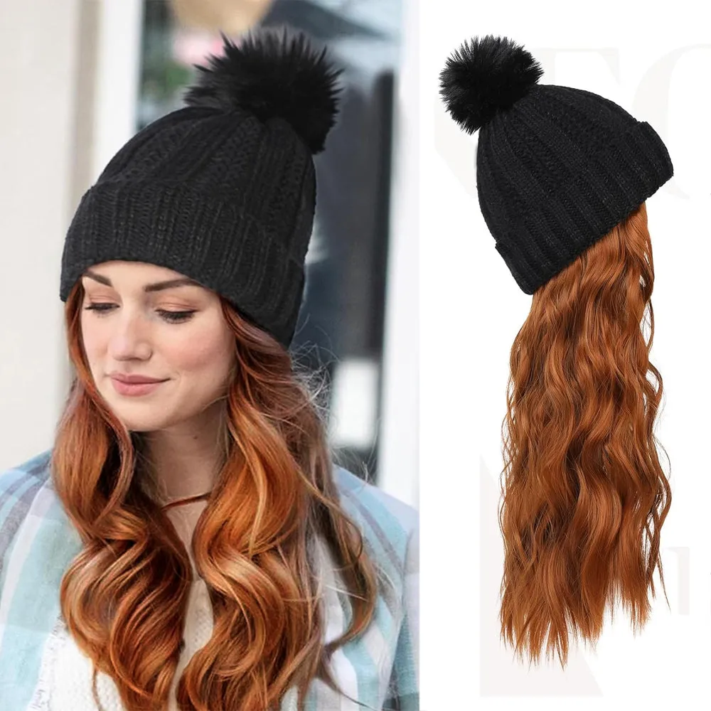 Wigyy  Ins Hot Hat Hair Extension Long Wavy Curly Black Hat Wig