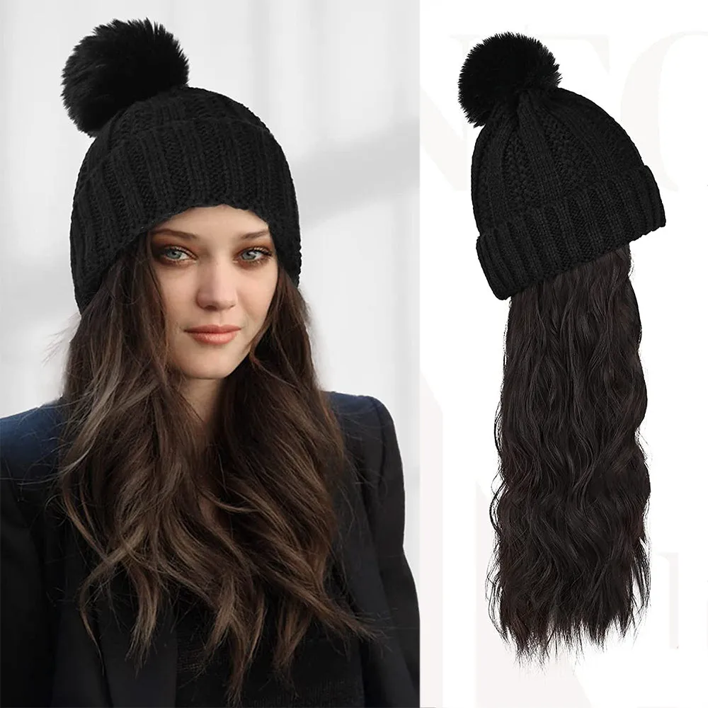 Wigyy  Ins Hot Hat Hair Extension Long Wavy Curly Black Hat Wig
