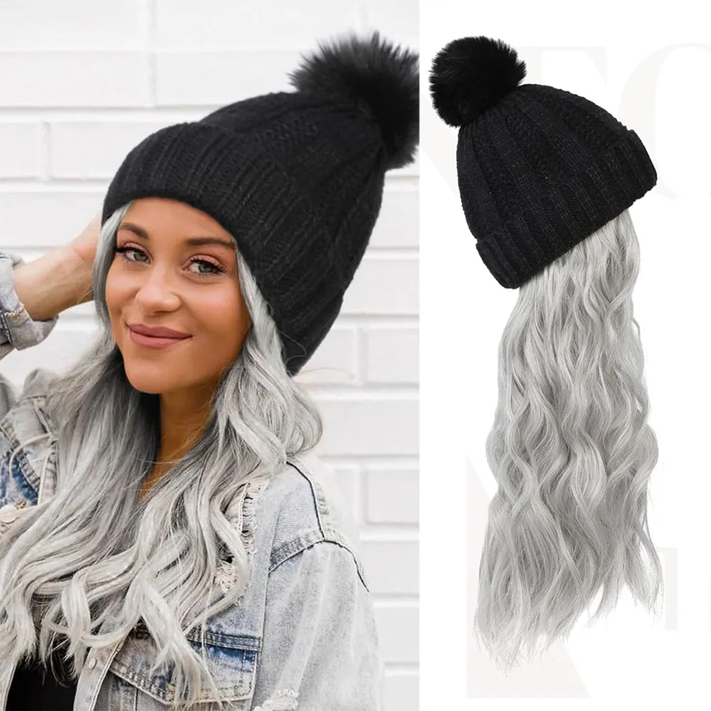 Wigyy  Ins Hot Hat Hair Extension Long Wavy Curly Black Hat Wig