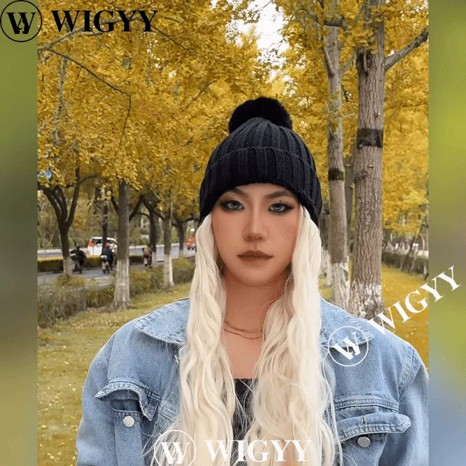 Wigyy  Ins Hot Hat Hair Extension Long Wavy Curly Black Hat Wig
