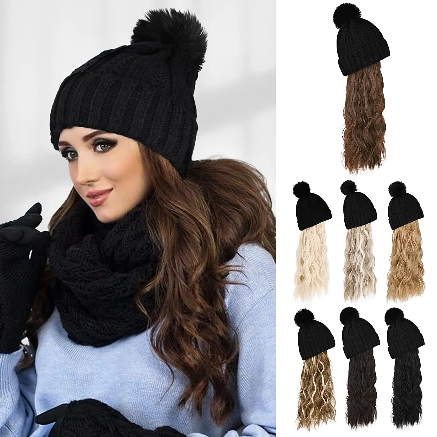 Wigyy  Ins Hot Hat Hair Extension Long Wavy Curly Black Hat Wig