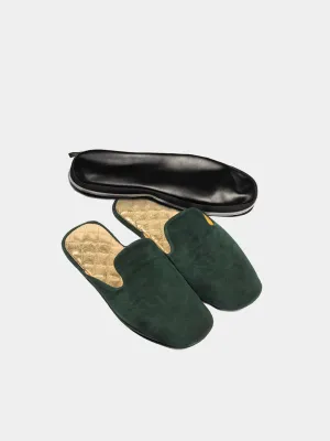 Women's green travel slippers with case Model 1111 Suede Leather